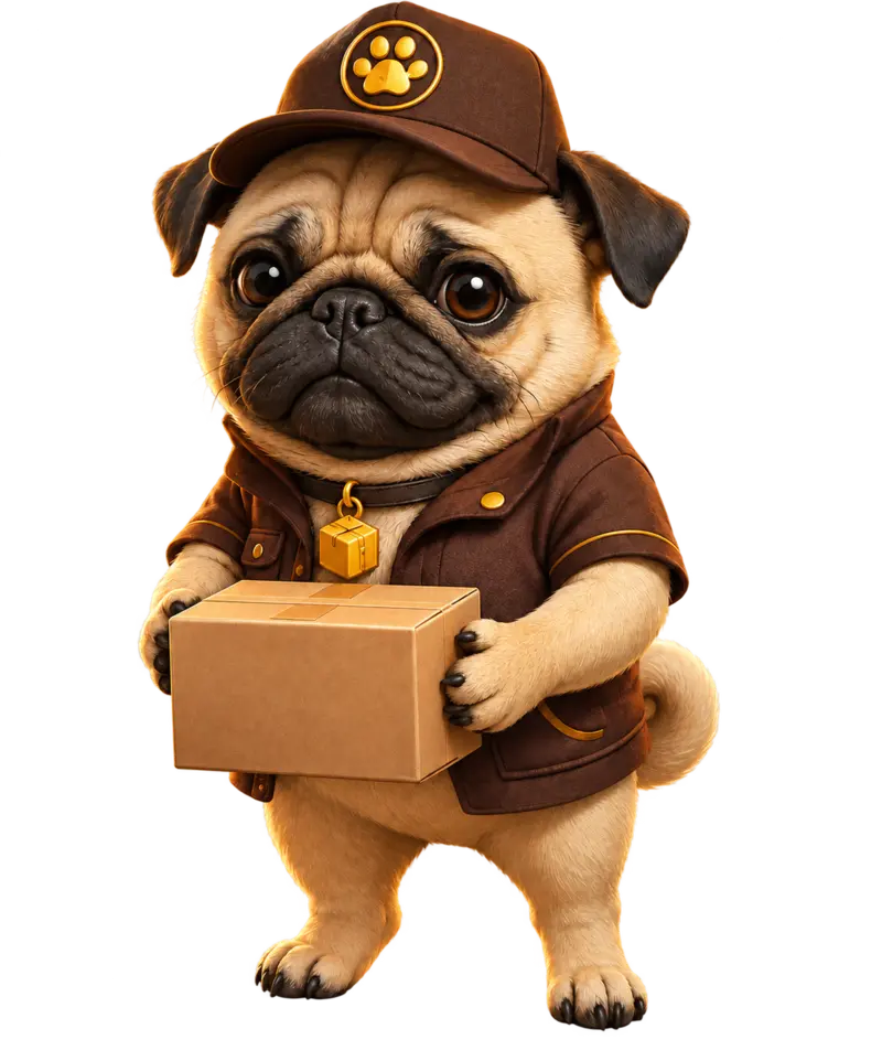 Original United Pug Service courier mascot holding a cardboard parcel